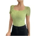 thumbnail image 2 of Floral Lace Tops Square Neck Dressy Casual Blouses for Women Slim Fit Short Sleeve Shirts Elegant Summer Clothes (M, Green), 2 of 7