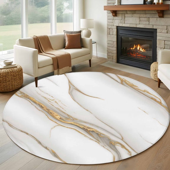 Round Area Rug 8 Ft, White Golden Marble Washable Non-Slip Circle Carpet for Living Room/Bedroom, Modern Abstract Art Marble Crack Collection Low-Profile Large Area Rugs for Indoor