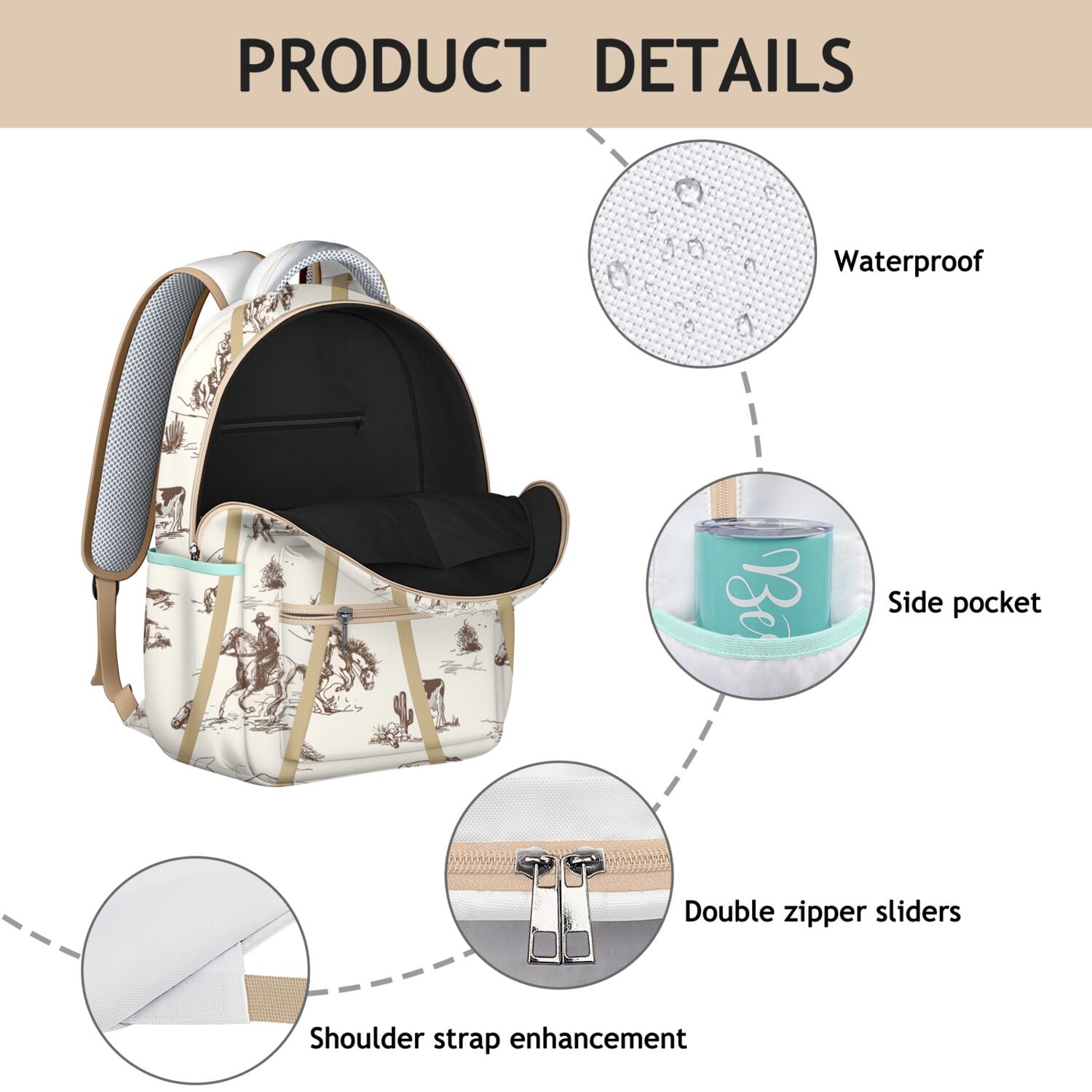 Horse Themed Backpack for School - Waterproof Bookbag with Galloping Stallion Pattern - Stylish Equestrian Backpack for College Students