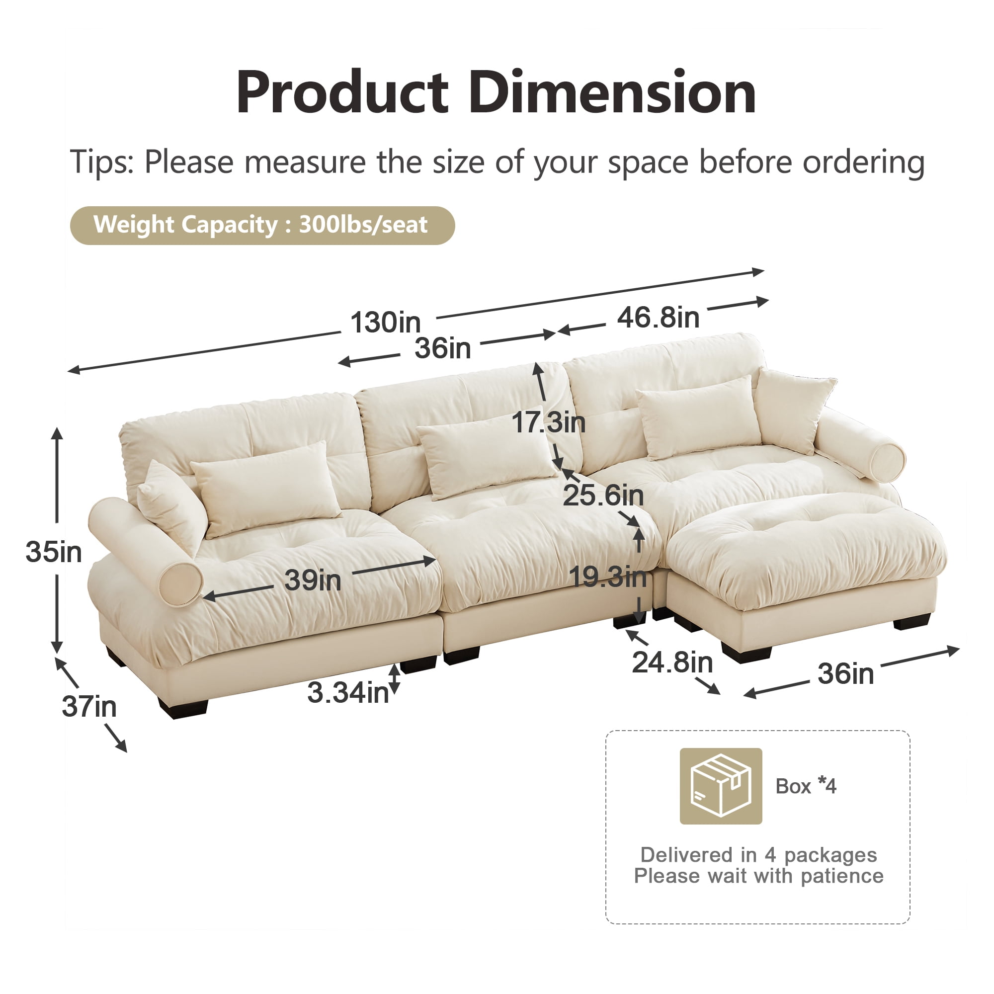 Alvantor L-Shaped Sectional Sofa 3-Seater Velvet Sofa Couch with Bolstered Armrests for Living Room, Easy Assembly Cream