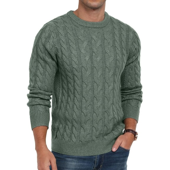 Puztloy Mens Sweater Cable Knit Pullover Sweater for Men Crewneck Long Sleeve Wool Sweater for Men Casual Winter Fall Sweaters