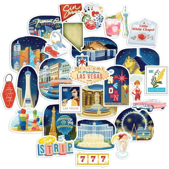 Navy Peony Glitzy Las Vegas Travel Stickers (28pcs) - For Scrapbooking, Journals, Suitcase