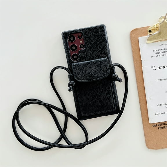 Crossbody Wallet Case Compatable with Samsung Galaxy S22 with Lanyard Leather Shockproof Case for Women Girls-Black