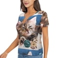 thumbnail image 2 of Zufioo Playful Cat for Women's Deep V-neck Short-sleeved T-shirt, Top with Short Sleeves - with Stainless Steel Buckle, Moisture Wicking, Ideal Home Wear-Large, 2 of 9