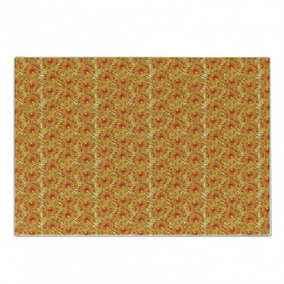Orange Cutting Board, Tropic Summer Hibiscus and Monstera in Warm Tone, Decorative Tempered Glass Cutting and Serving Board, in 3 Sizes, by Ambesonne
