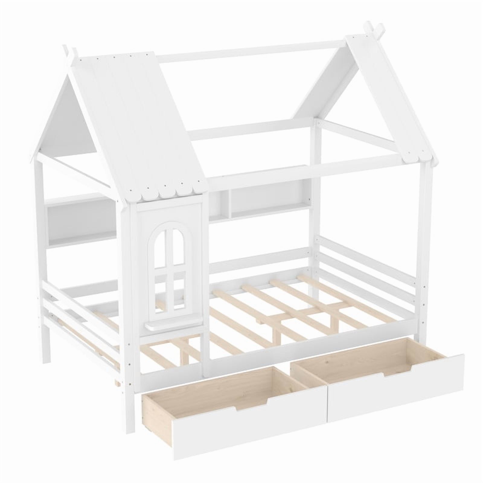 Bellemave Full Size House Bed with Storage Drawers, Wooden Montessori Bed with Shelves and Fence Rails, Full Bed Frame with Window for Bedroom, No Box Spring Needed,White