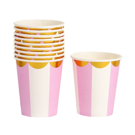 UDIYO 10Pcs 250ml Paper Cup Disposable Wide Mouth Smooth Surface Delicate Texture Eco-Friendly Drinking Stripe Printing Birthday Water Cup for Celebrate