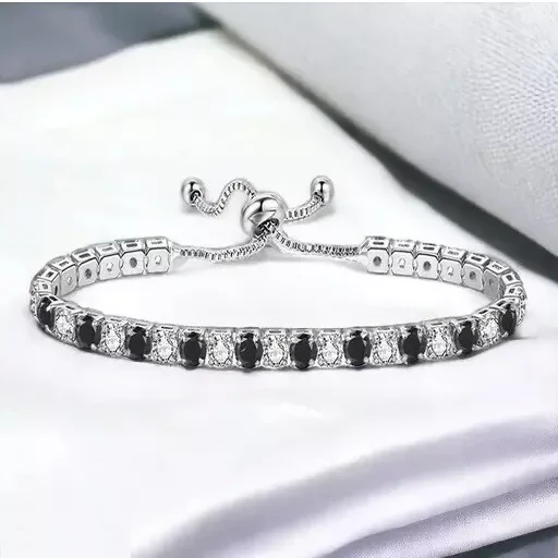 Women's 6Ct Oval-Cut Black Cubic Zirconia Diamond Bolo Bracelet, 18k White Gold Plated Sterling Silver, Adjustable Jewelry