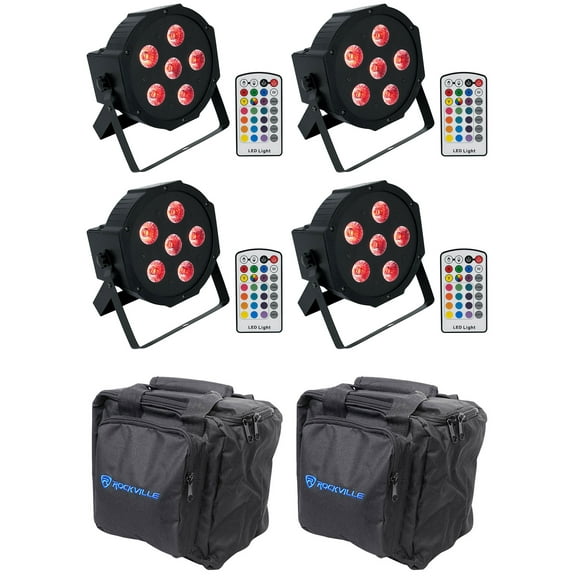 (4) Rockville BATTERY PAR 6RF Rechargeable Wireless DMX Lights RF Remotes Bags