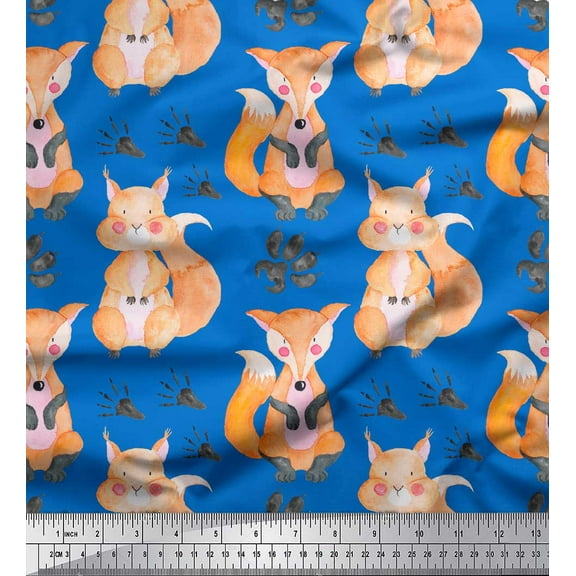 Soimoi Blue Cotton Duck Fabric Cat & Fox Kids Fabric Prints By Yard 42 Inch Wide