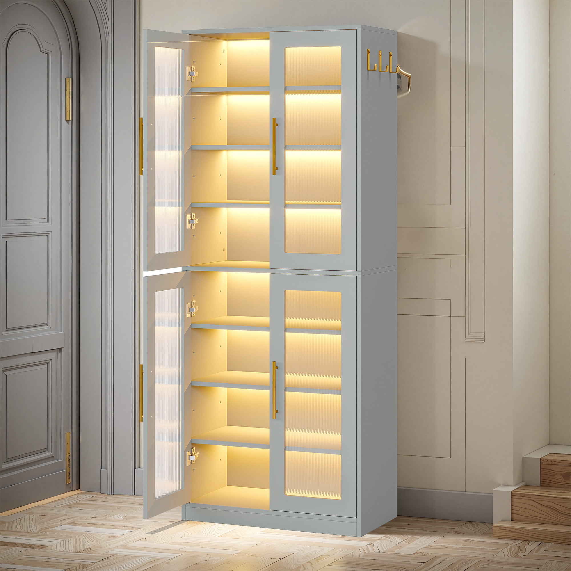 MAYEERTY Freestanding Shoe Cabinet with Acrylic Doors and LED Lights, Entryway Shoe Storage Organizer