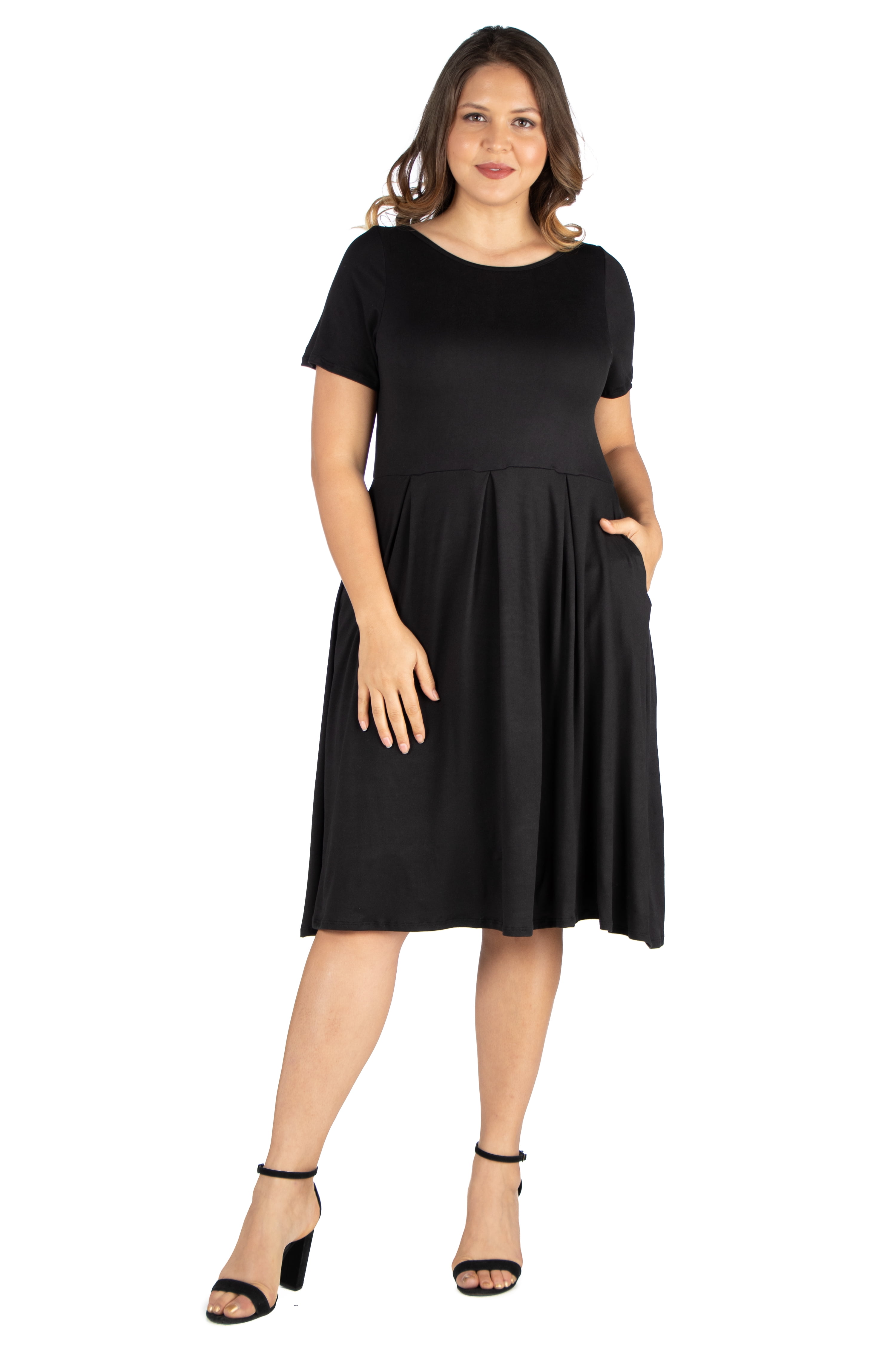 Women’s Plus Size Short Sleeve Midi Skater Dress With Pockets - Walmart.com