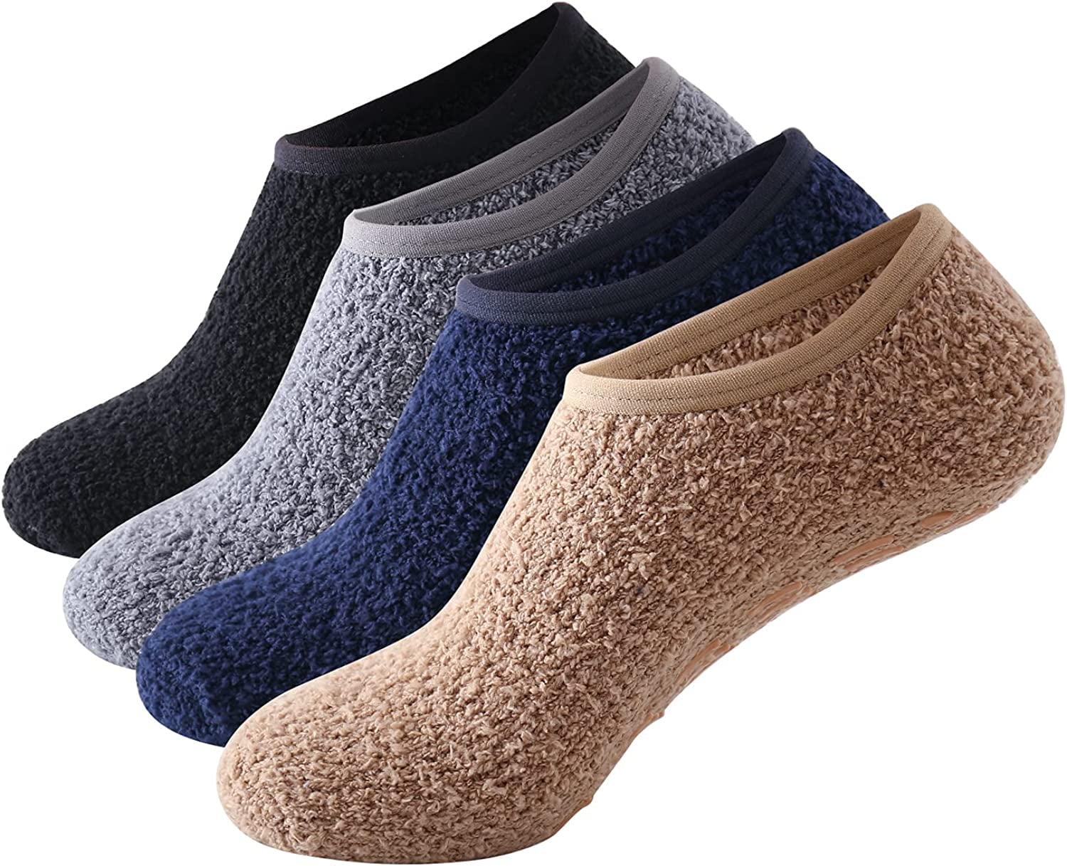 4 Pack Cozy Mens Socks Gripper Slippers Socks Fluffy No Show House Socks Non Skid Bottoms