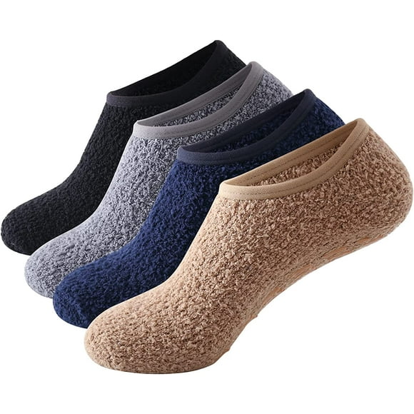 4 Pack Cozy Mens Socks Gripper Slippers Socks Fluffy No Show House Socks Non Skid Bottoms