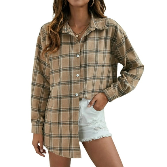 FOCUSNORM Women Juniors Shacket Long Sleeve Loose Shirt, Plaid Blouse Single-breasted Tops