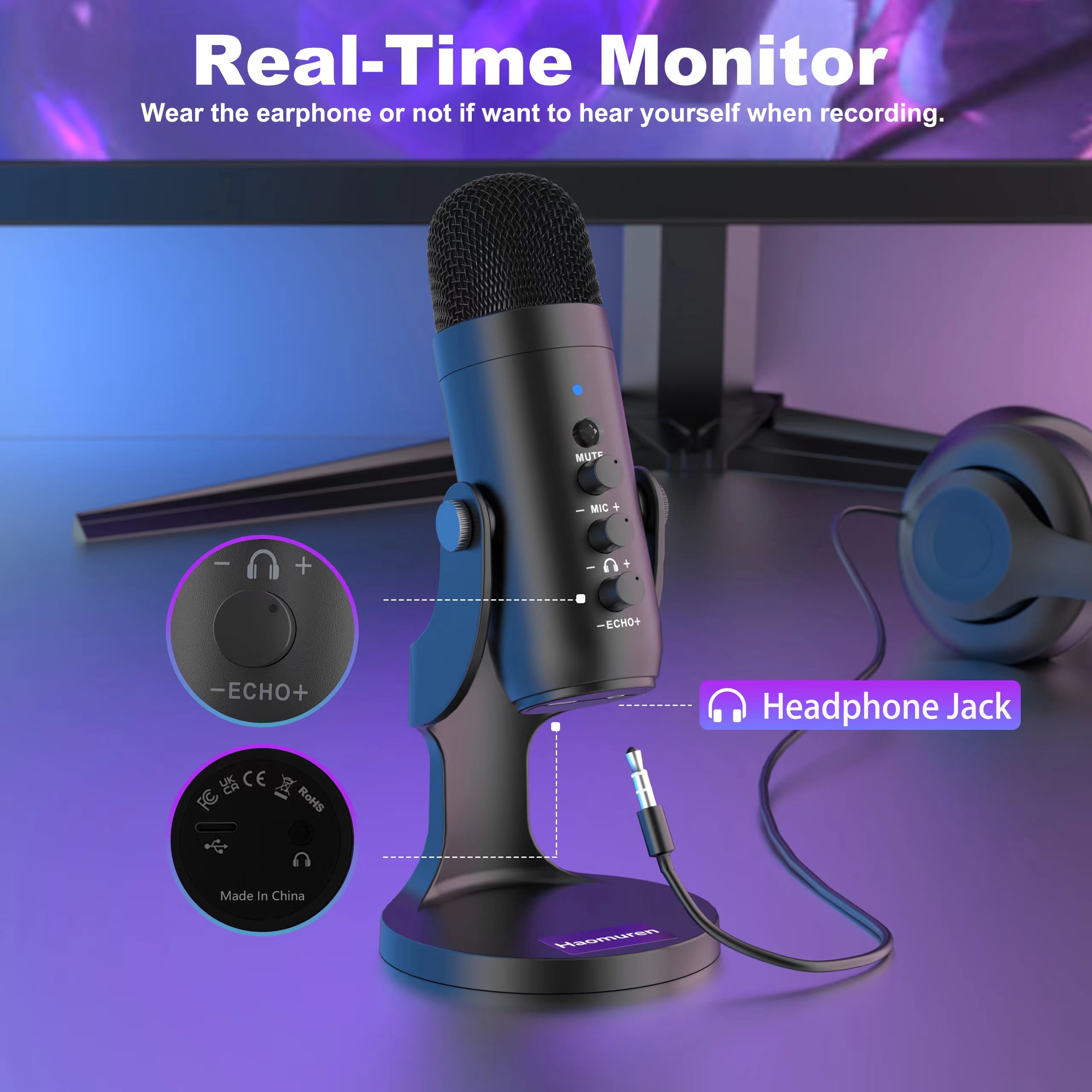 Haomuren USB Condenser Microphone for PC/Mac, Plug & Play Gaming Mic with Headphone Output, Mute, Volume & Gain Control, for Podcast/Vocal/Streaming