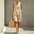 thumbnail image 2 of Women's Linen Blend Collared Sleeveless Half Button Tank Bermuda Shorts 2 Piece Outfit, Solid Loose Beach Casual Matching Set Khaki XL(XL), 2 of 7