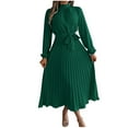 thumbnail image 2 of QUNYINEY Summer Dresses for Women 2025 Casual Long Sleeve Solid A-Line Dress Mock Neck Pleated Front Tie Maxi Dresses, 2 of 5