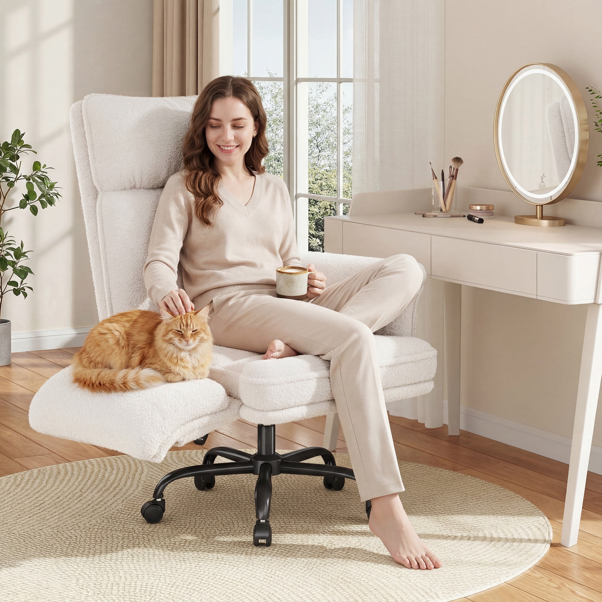 Romorgniz Criss Cross Chair with Armrests & Wheels Ergonomic Computer Gaming Chair with Two Side Pockets Teddy Plush Wide Seat Reclining Desk Chair for Home Office，White