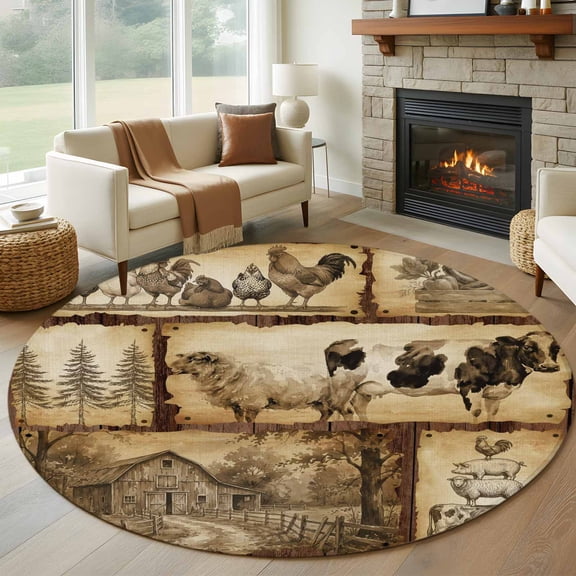 Vintage Animals Round Area Rug 6Ft Washable Circle Rugs for Bathroom Office, Cow Rooster Trees Retro Art Non-Slip Carpet Floor Mats Indoor Outdoor Carpet Runner Aesthetic Home Decor