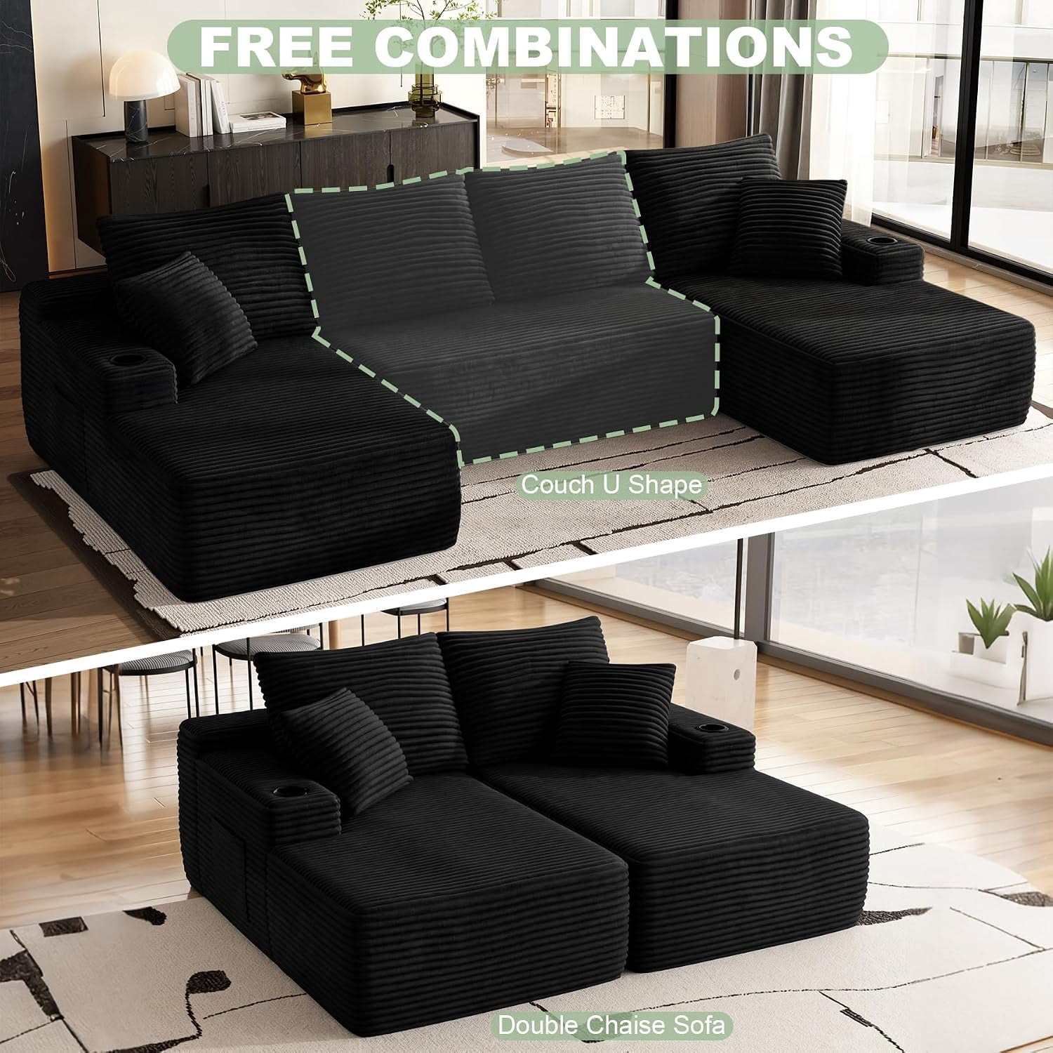 134" Compressible U Shaped Modular Sectional Sofa Set, Minimalist Corduroy Cloud Couch for Living Room, No Assembly Required