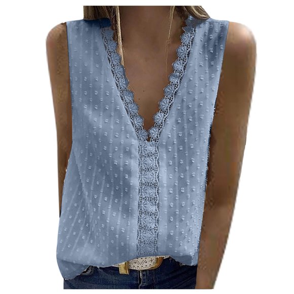 LSLJS Women's Tank Tops Fashion Women Casual Solid Sleeveless V-Neck Lace T-Shirt Blouse Tops Tank