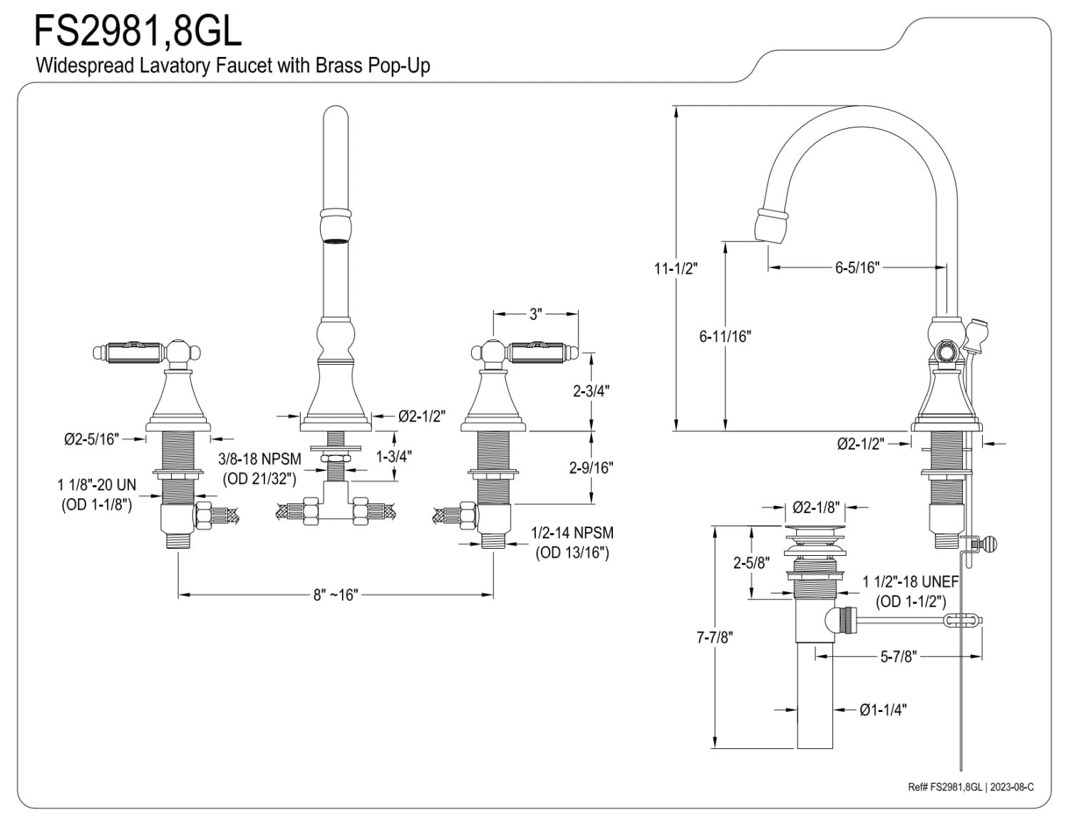 Kingston Brass Governor Two Handle 8" to 16" Widespread Lavatory Faucet with Brass Pop-up