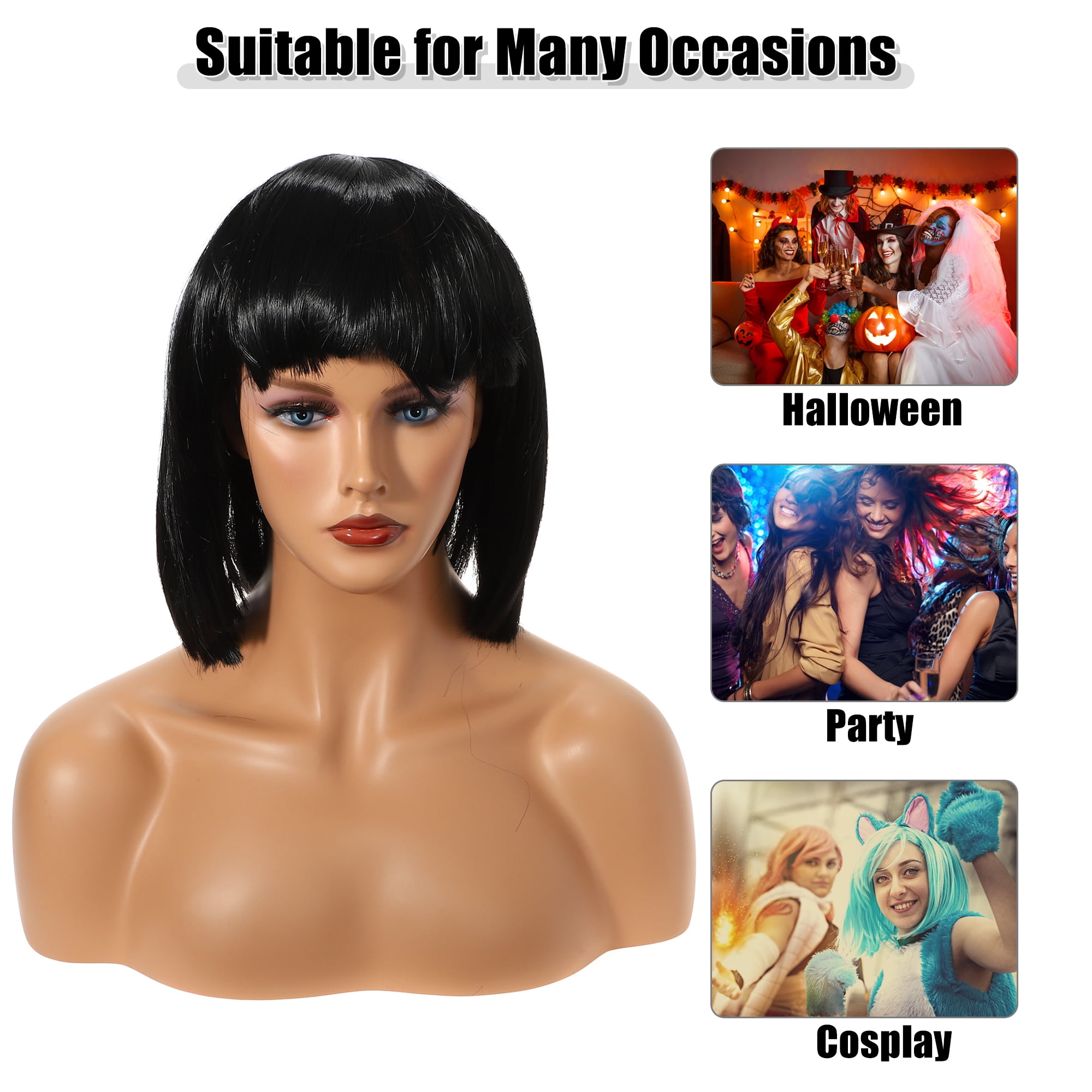 Unique Bargains Human Hair Wigs for Women 12" Black Bob Wig with Wig Cap