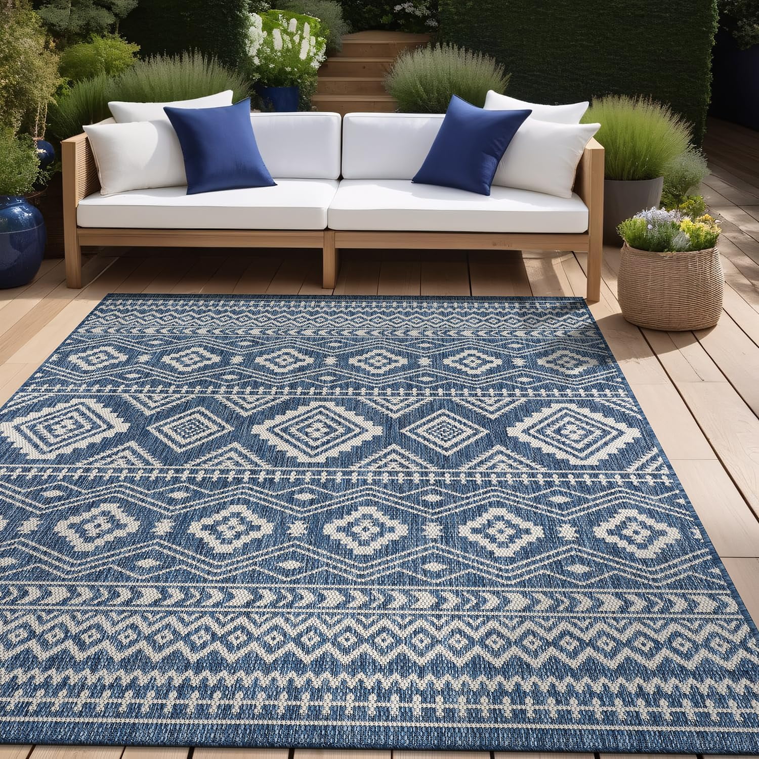 Beverly Rug Outdoor Area Rugs, Waterproof Patio Porch Garden Carpet,Azure and White, 10'x14'