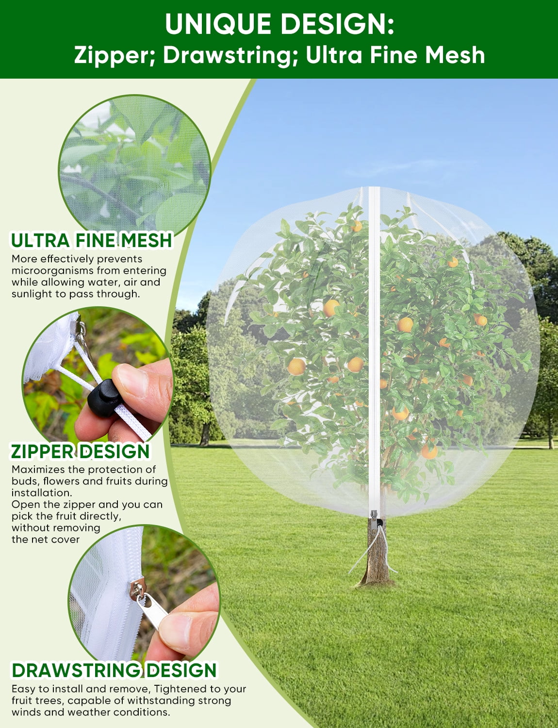 4Pack Fruits Tree Netting with Zipper and Drawstring, 5.3x7.87ft Insect Bird Barrier Plant Netting for Garden Cover Protection