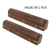 DharmaObjects 2 Pack Wooden Coffin Incense Burner with Buddha Brass Inlays and Storage Compartment - 12X2X2 Inches