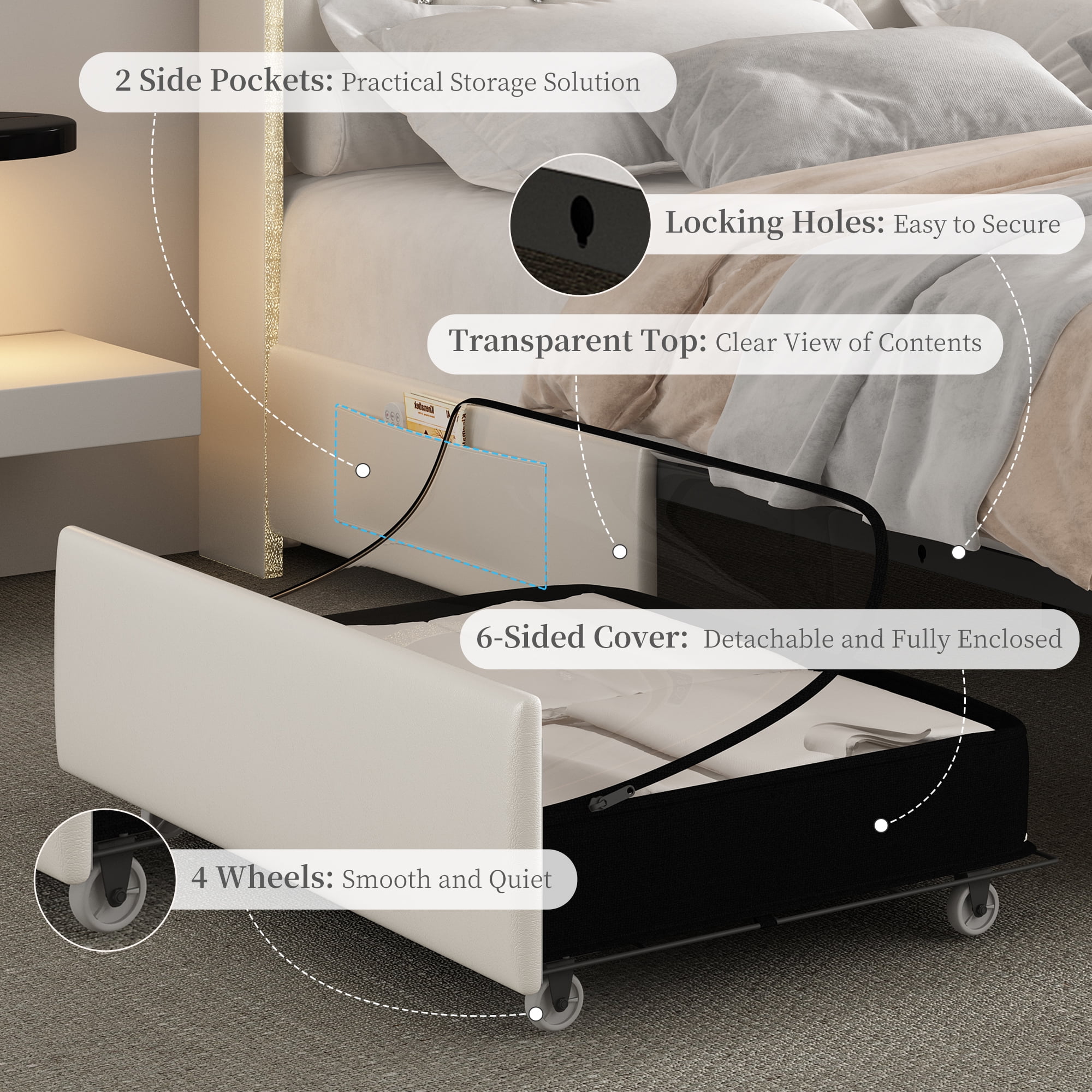 SIBEDS Full LED Bed Frame with Galaxy Projector, Charging Station, 52" Headboard & 2 Drawers, White