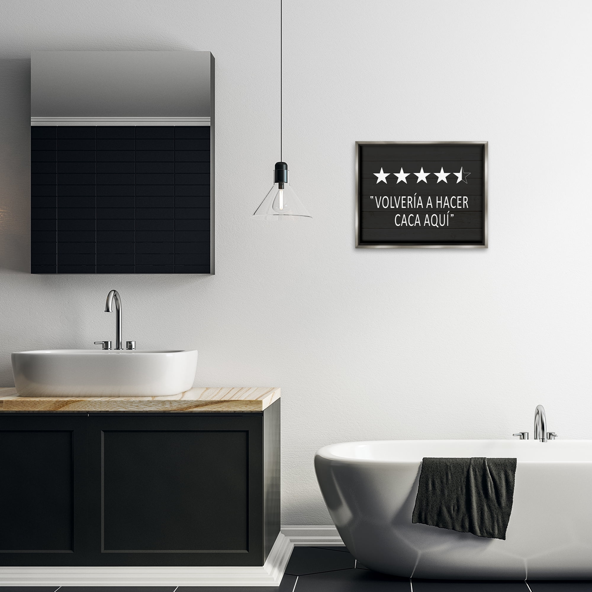 Stupell Industries Baño Cinco Estrellas Bath & Laundry Painting Gray Floater Framed Art Print Wall Art, 21 x 17