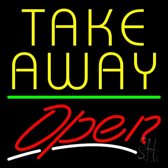 Yellow Take Away Open LED Neon Sign 24 x 24 - inches, Clear Edge Cut Acrylic Backing, with Dimmer - Bright and Premium built indoor LED Neon Sign for Bar decor.