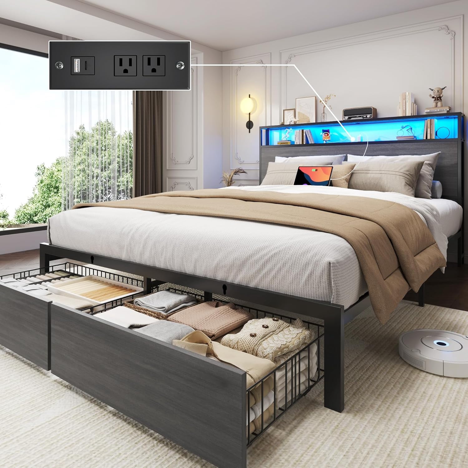 DRNANLIT Full Bed Frame with 2-Tier Storage Headboard, Metal Bed Frame with 2 Drawers & Built-in Charging Station & LED, Noise-Free, No Box Spring Needed, Easy Assembly,Black Grey