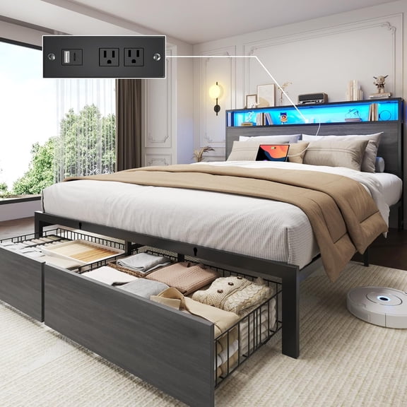 DRNANLIT Queen Bed Frame with 2-Tier Storage Headboard, Metal Bed Frame with 2 Drawers & Built-in Charging Station & LED, Noise-Free, No Box Spring Needed, Easy Assembly,Black Grey