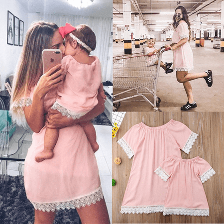 Family Matching Summer Clothes Mother Daughter Girls Pink Lace Party Mini Dress