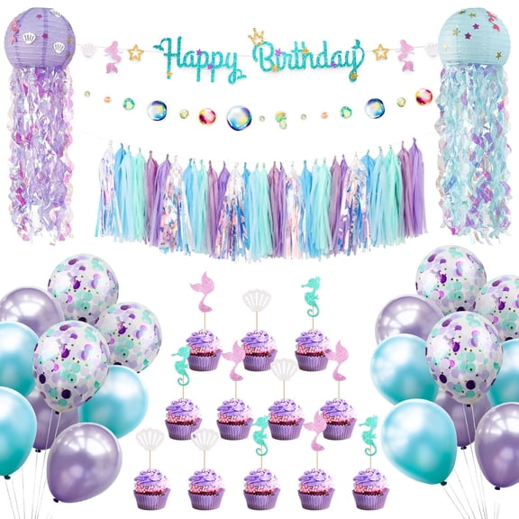 HomelyPosh Mermaid Birthday Decorations Set, All-in-One Party Supplies Set with Banner, Tassel Garland, Jellyfish Lanterns & Balloon