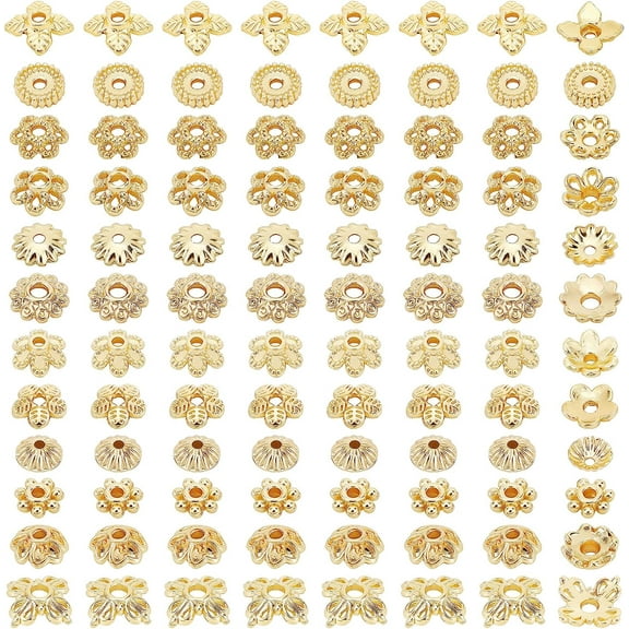 144pcs 24K Gold Plated Flower Bead Caps 12 Styles Brass End Caps Golden Spacer Beads Caps 4-6mm Hollow Jewelry