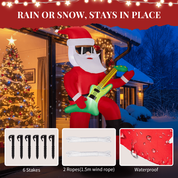 Alvantor 7.2 ft Black Santa Christmas Inflatable Playing Electric Guitar with 4 LED Lights, Red