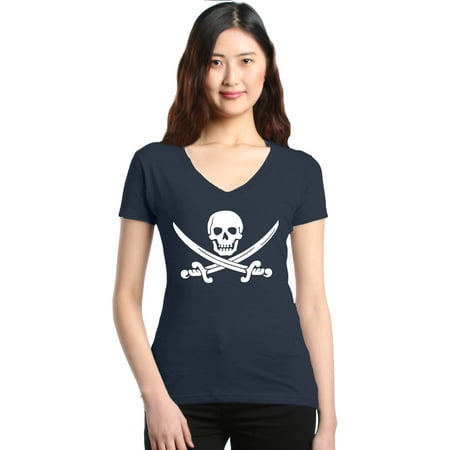 Shop4Ever Women's Pirate Flag Skull Scimitars Slim Fit V-Neck T-Shirt