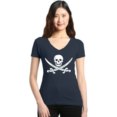Pirate Skull Baseball Jersey - Shop4Ever Women's Pirate Flag Skull Scimitars Slim Fit V-Neck T-Shirt