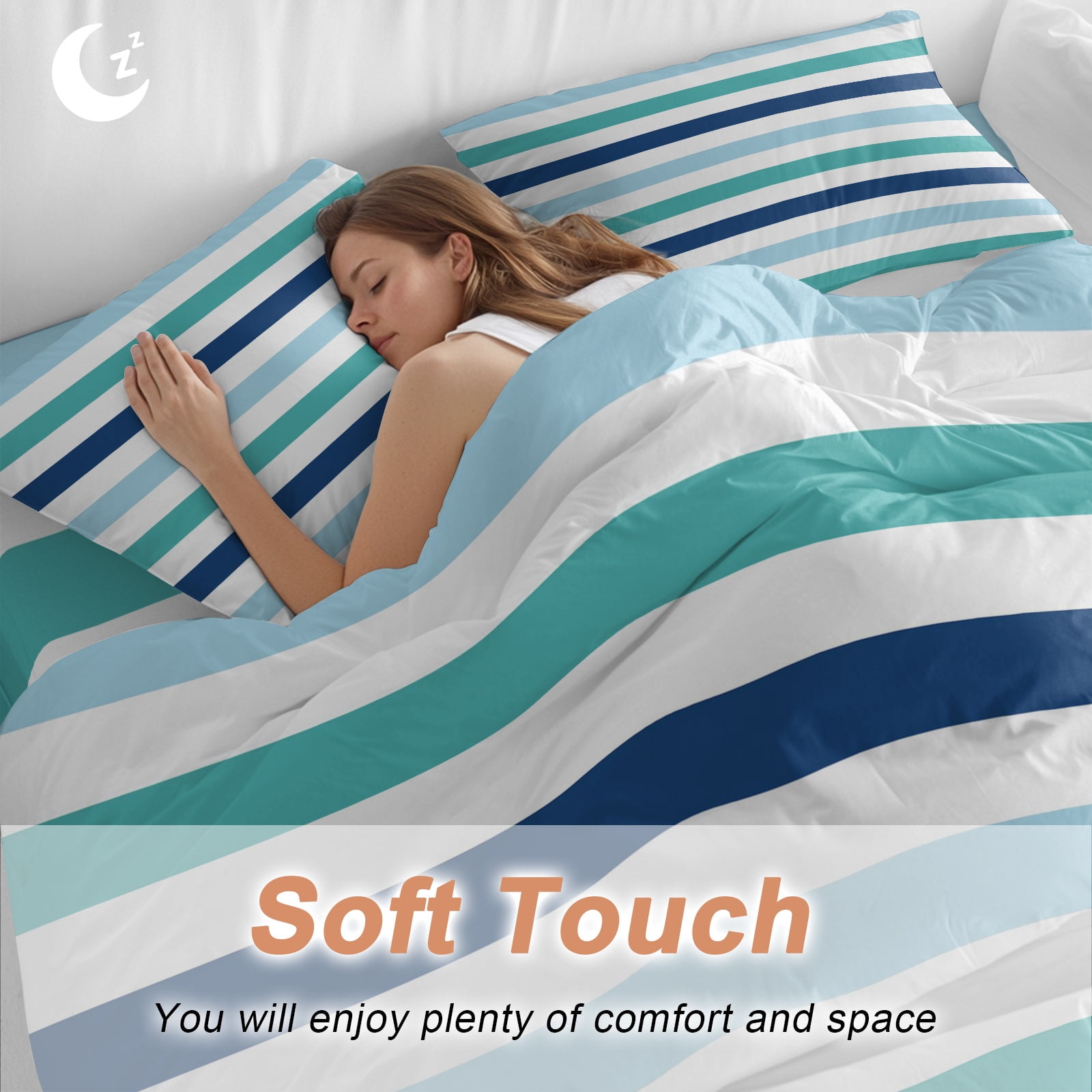 Blue Turquoise Navy Striped Duvet Cover Set Queen Size, Modern Minimalist Abstract Lines 4 Piece Soft Microfiber Bedding Set with 1 Duvet Cover, 1 Flat Sheet, 2 Pillowcases