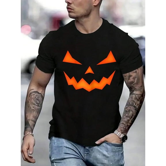 100 Cotton Graphic Tees Spooky Halloween Jack-O-Pumpkin T-Shirt Crew Neck Short Sleeve T-Shirt, Casual Print Graphic Cotton Tees Men Tops