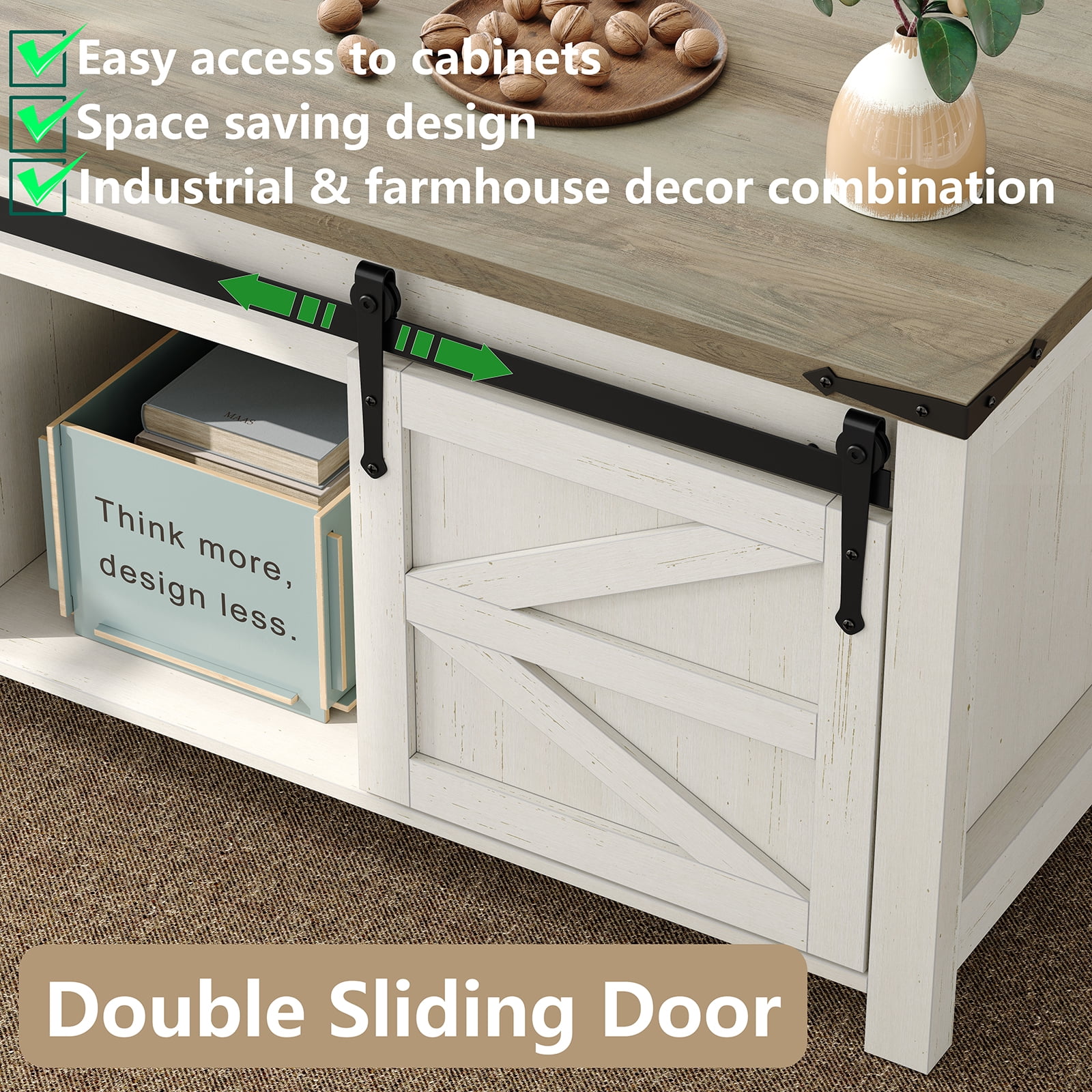 Furnihold 47.3''Lift Top Coffee Table, Farmhouse Center Table with Large Storage & Sliding Barn Doors, Modern Rectangular White Cocktail Table for Living Room, Grey Top