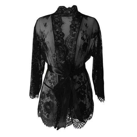 YFNNUP Women s Lace Kimono Robe Sexy Mesh Nightgown 2pc 3/4 Sleeve Lingerie Comfy Belt Nightwear S-3XL