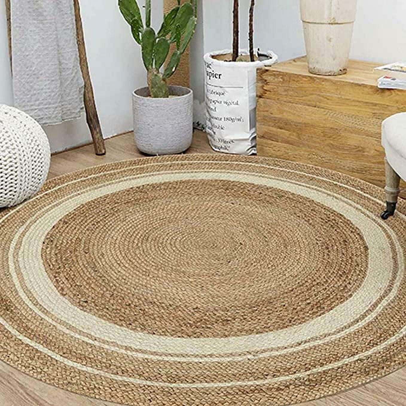 Ripaz Vogue Jute Rug Hand Woven Round Beige + White Border Living Room Area Rug, Farmhouse Rug (3 Feet Diameter)