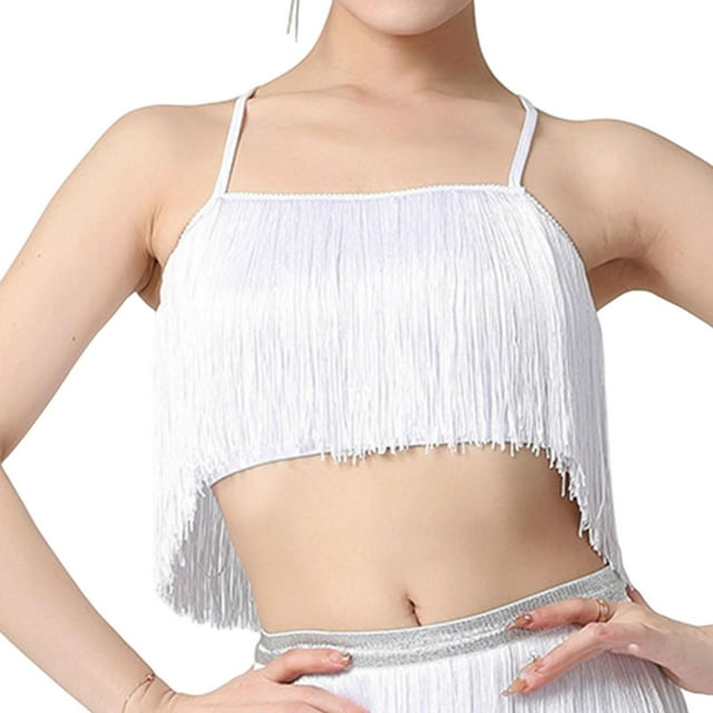 Top con flecos latinos y borlas para mujer, camiseta sin mangas moderna para dama, perfecta para carnaval Blanco XL