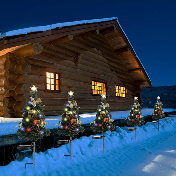 Decoraciones navideñas, adornos navideños, regalos navideños, luces solares LED de cuatro colores para el suelo del árbol de Navidad, decoración para exteriores, jardines navideños, césped, paisajes d