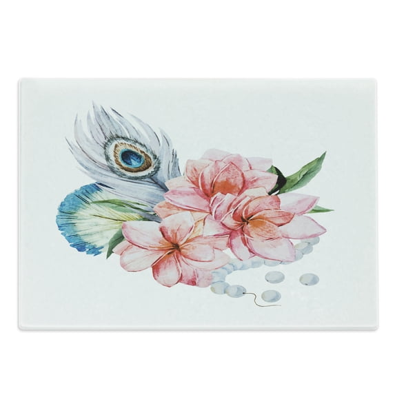 Shabby Flora Cutting Board, Watercolor Style Peony Anemone Flowers Peacock Feather and Beads Image, Decorative Tempered Glass Cutting and Serving Board, Large Size, Multicolor, by Ambesonne